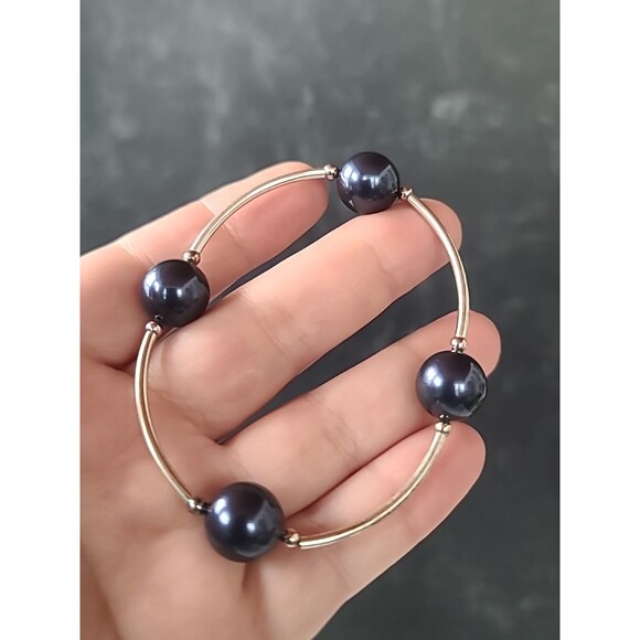 925 Sterling Silver Faux Blue Pearl Beaded Bangle Bracelet Vintage - Picture 4 of 10